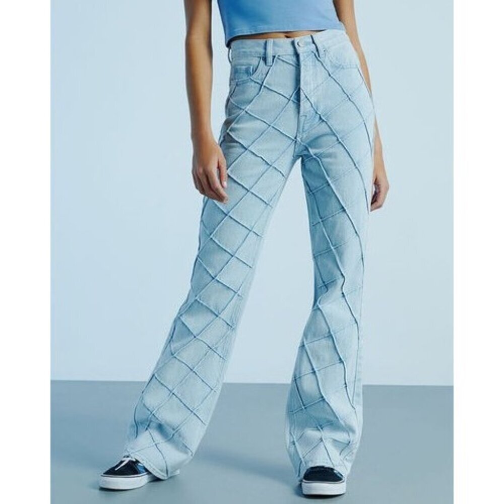 PacSun Pintuck High Waisted Bootcut Jeans Sz 24 Quilted Diamond Denim Light Blue
